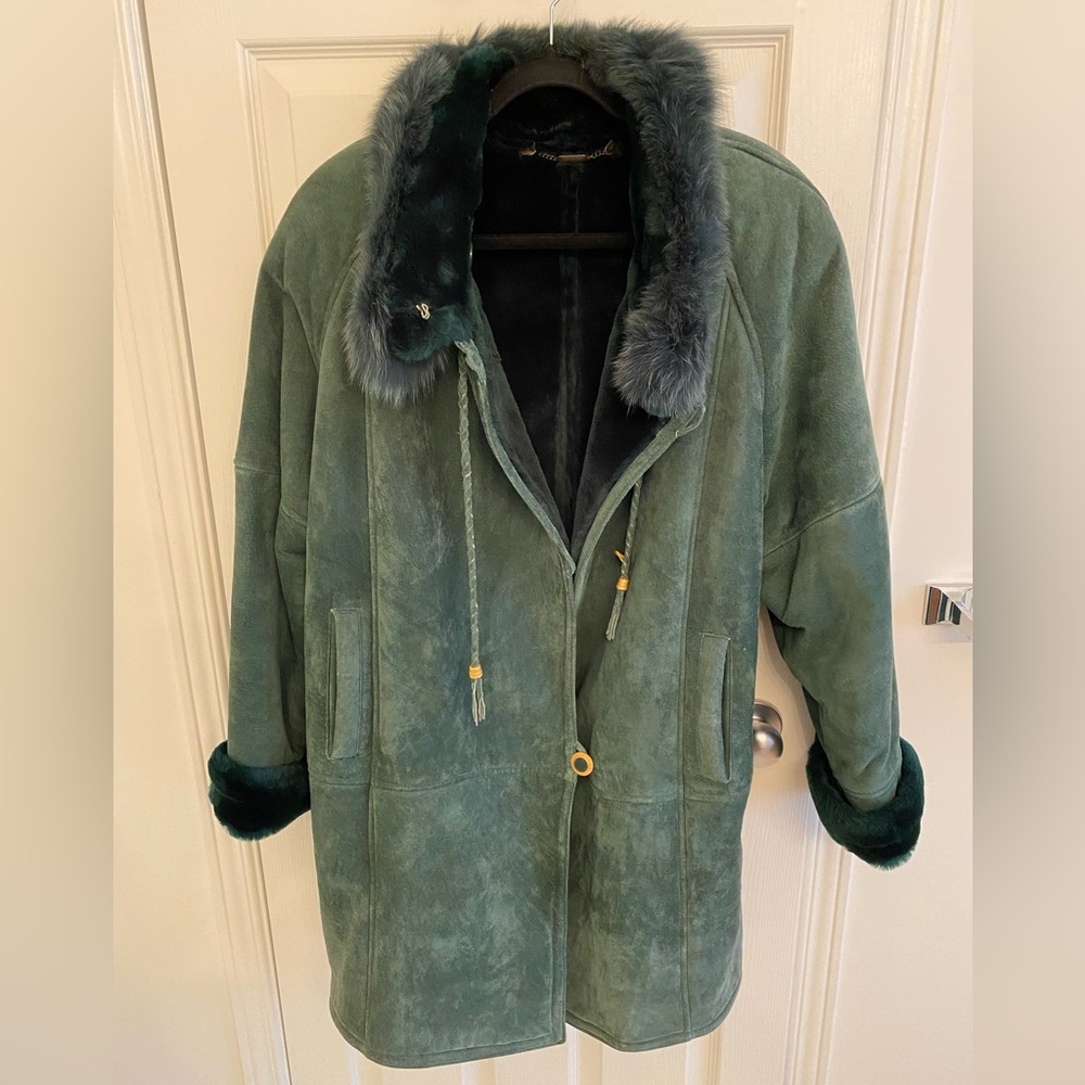 Vintage 90s Leather Novelti Emerald Green Suede Fur Trim Coat Whimsigoth M/L